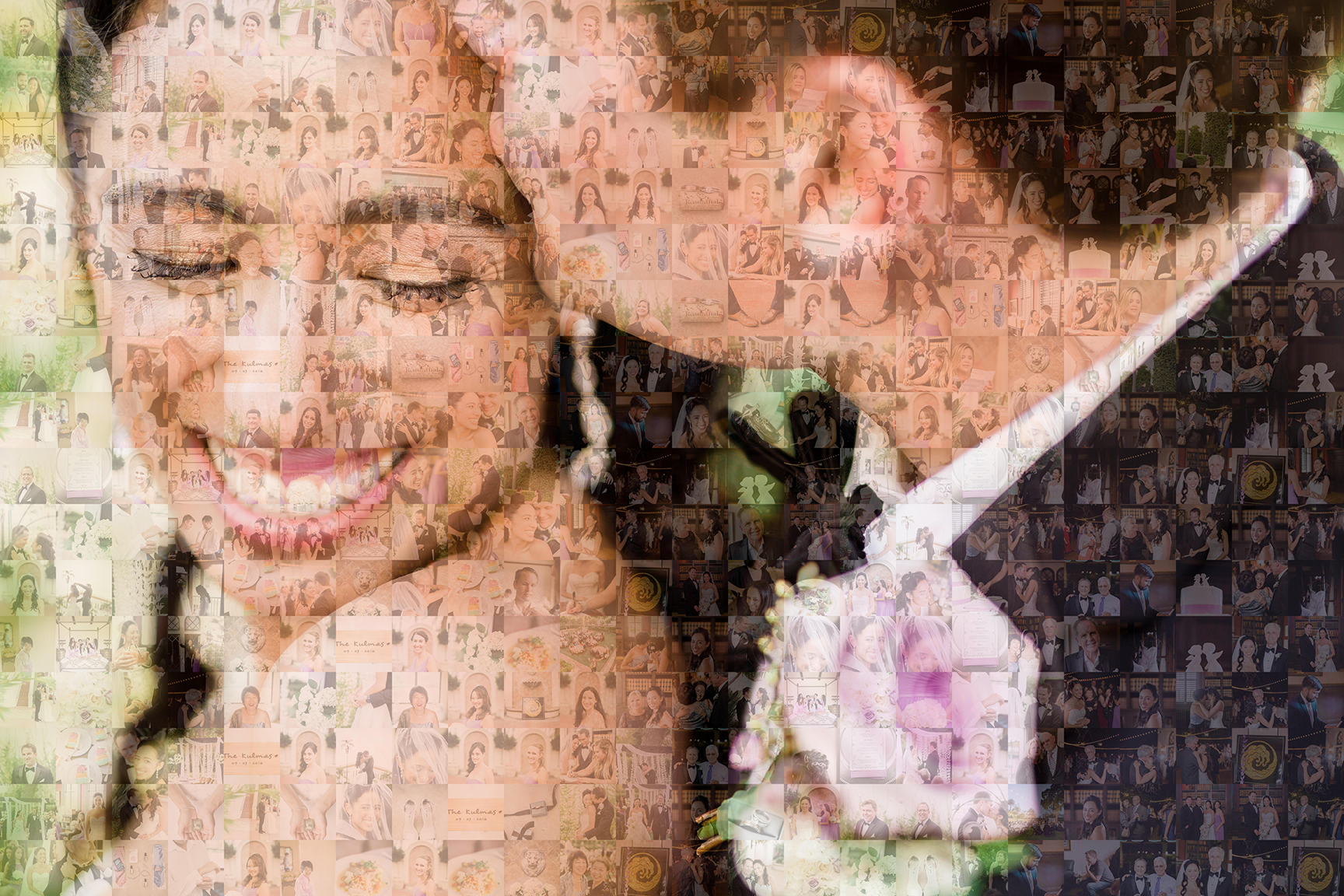 Photo mosaic artwork at wedding photo booth rental of bride and groom